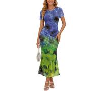 Morbuy Vestidos Largos Mujer de Malla Estilo Tie-Dye, Elegantes Ajustado Maxi Largos Vestidos Verano Mujer para Cena, Una Club, Cóctel, Fiesta, Tallas XS-3XL (Morado/Verde,3XL)