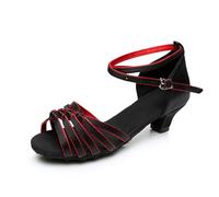 Morbuy Zapatos de Baile Latino para Niña, Cómodos Elegante Zapatos de Baile Latino Niña, Salsa y Bachata Tango Calzado Infantil con Tacón Bajo, para Práctica de Rendimiento (Negro Rojo,25)