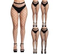 Morcheiong 5 Pack Negro Medias de Rejilla Para Mujer, Cintura Alta, Pantimedias de Rejilla