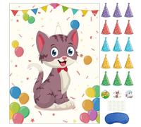 Morcheiong Juego de fiesta de cumpleaños Pin The Tail on The Cat con 48 sombreros, suministros de fiesta de cumpleaños con temática de gato, suministros de decoración para niños