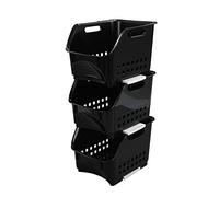 Morcte Juego de 3 Cestas de Almacenamiento Apilables de Plástico, Estante para Frutas y Verduras de Cocina, Negro