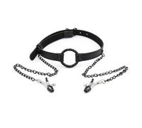 Mordaza de boca abierta de cuero negro con pinzas para pezones y cadena,juego de bondage BDSM,juguetes sexuales para parejas,juegos para adultos,herramienta sexual,talla única,color negro
