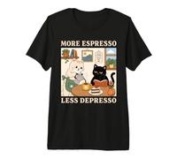 More Espresso Less Depresso, Divertido diseño de Lectura de café con Forma de Gato Camiseta Premium