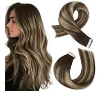 More Soo - Extensiones de pelo adhesivo natural ombré marrón oscuro con rubio caramelo invisible, cinta adhesiva para extensiones de cabello humano 20 piezas 35 cm 50 g #4/27/4
