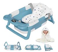 Morefeel Bañera para bebé con cojín suave y termómetro, bañera plegable portátil de viaje con agujero de drenaje, bañera plegable duradera para bebés recién nacidos a niños pequeños (azul)