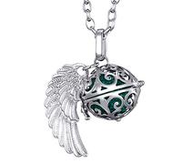 Morella collar ángel de la guarda de acero inoxidable 70 cm con colgante alas de ángel y bola de resonancia de color verde oscuro Ø 16 mm para damas en bolsa para joyas