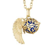 Morella collar ángel de la guarda de acero inoxidable oro 70 cm con colgante alas de ángel y bola de resonancia de circonita de color azul 16 mm para damas en bolsa para joyas