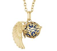 Morella collar ángel de la guarda de acero inoxidable oro 70 cm con colgante alas de ángel y bola de resonancia de color azul 16 mm para damas en bolsa para joyas
