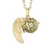 Morella collar ángel de la guarda de acero inoxidable oro 70 cm con colgante alas de ángel y bola de resonancia de circonita de color verde 16 mm para damas en bolsa para joyas
