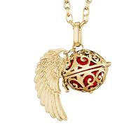 Morella collar ángel de la guarda de acero inoxidable oro 70 cm con colgante alas de ángel y bola de resonancia de color rojo 16 mm para damas en bolsa para joyas