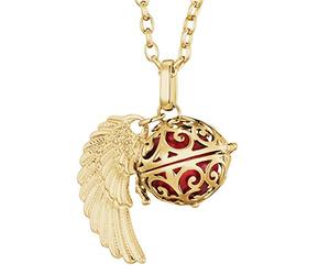 Morella collar ángel de la guarda de acero inoxidable oro 70 cm con colgante alas de ángel y bola de resonancia de color rojo 16 mm para damas en bolsa para joyas
