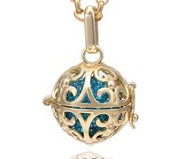 Morella Collar de Acero Inoxidable Dorado 70 cm con Colgante Dorado Ornamento y Bola de resonancia de circonita de Color petróleo Ø 16 mm para Damas en Bolsa para Joyas