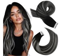 Moresoo Extensiones Adhesivas Balayage Pelo Natural Ombre Negro 50cm 50g Extensiones Adhesivas Invisibles Pelo Natural Balayage Negro Apagado a Plata Mezcla #1B/S/1B 20pcs #1B/S/1B