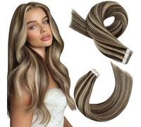 Moresoo Extensiones Adhesivas Cabello Natural Humano Extensiones Adhesivas Pelo Natural con Mechas Castaño Oscuro con Rubio Caramelo Extensiones de Pelo Remy 45 cm 20pcs 50g #P4/27