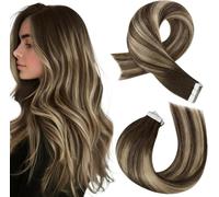 Moresoo Extensiones Adhesivas Pelo Humano Extensiones Pelo Natural Adhesivas Balayage Castaño Oscuro con Rubio Caramelo Extensiones Invisbles Tape in Cabello Humano 55cm 20pcs 50g #4/27/4