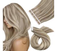 Moresoo Extensiones Adhesivas Pelo Natural 60 cm Extensiones Adhesivas con Mechas Castaño Claro con Rubio Hair Extensions Tape in Extensiones Adhesivos Pelo Natural 10 Piezas 25g #P9A/60