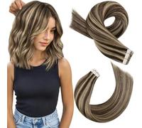 Moresoo Extensiones Adhesivas Pelo Natural Castaño Oscuro con Rubio Caramelo Remy Skin Weft Tape in Extensions Cabello Humano 20pcs 50g 35 cm