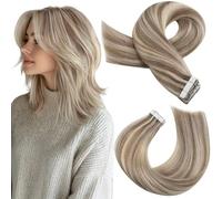 Moresoo Extensiones Adhesivas Pelo Natural Mechas Extensiones Adhesivas Mechas Castaño Claro con Rubio Extensiones de Cabello Natural Adhesivas Cabell Humano 40 Piezas 35cm 100g #9A/60