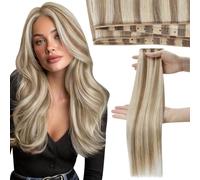 Moresoo Extensiones Butterfly Weft de Cabello Humano Genius Weft Invisibles Rubio Ceniza y Platino Destacados 9A/60, 14 Pulgadas 50g Agujeros OVO Micro Atado a Mano Liso Sedoso