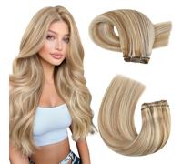 Moresoo Extensiones de Cabello Humano Largas Pelucas Cabello Natural Rubias Extensiones Cosidas de Pelo Natural #6 Marrón Medio con #60 Rubia Platino 18 pulgadas 100G