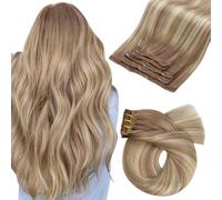Moresoo Extensiones de Clip de Pelo Natural Castaño Claro con Rubio Dorado Extensiones Clip Rmy Cabello Humano Extensiones Pelo Natural Balayage 55 cm 5pcs 80G #8/22/8
