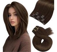 Moresoo Extensiones de Clip de Pelo Natural Corto Extensiones de Cabello Natural Clip Castaño Oscuro Cabello Humano Women's Clip in Hair Extensions Brown 30 cm 5pcs 70g #4