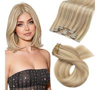 Moresoo Extensiones de Clip de Pelo Natural Corto Extensiones Pelo Clip 25 cm Rubio Ceniza Oscuro con Rubio Dorado Human Hair Extensions Clip in Blonde 5pcs 70g #16/22