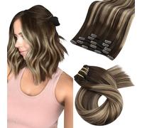 Moresoo Extensiones de Clip de Pelo Natural Remy Extensiones Clip Humano Marrón Chocolate con Rubio Caramelo Extensiones Pelo Natural Liso 25cm 5pcs 70g #4/27/4