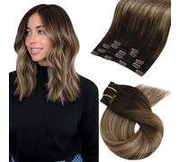 Moresoo Extensiones de Clip de Pelo Natural Remy Extensiones Pelo Natural Clip Balayage Marrón a Marrón Dorado con Rubio Ceniza Oscuro Extensiones de Pelo Humano 35 cm 5pcs 70g #4/10/16