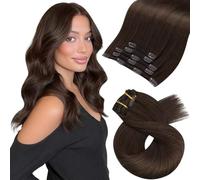Moresoo Extensiones de Clip de Pelo Natural Remy Liso Extensiones Pelo Natural Clip Castaño Oscuro Invisible Extensiones de Cabello Humano 35 cm 5pcs 70g #4
