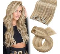 Moresoo Extensiones de Clip de Pelo Natural Rubio Ceniza Oscuro con Rubio Dorado Extensiones de Clip con Reflejos Extensiones de Cabello Natural Remy Humano 45 cm 5pcs 80G #P16/22