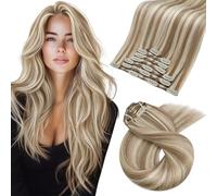 Moresoo Extensiones De Clip Natural Lluminación Marrón Claro Con Rubio Mechas Extensiones Clip Mujeres Largo Extensiones Pelo Natural 60cm 7Piezas 120G