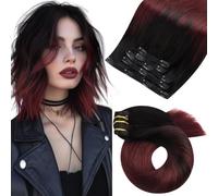 Moresoo Extensiones de pelo humano con clip, color negro y rojo vino, extensiones de cabello humano Balayage con clip, pelo liso Remy para pelo corto, 25 cm, 5 unidades de 80 g #1B/99J