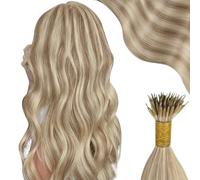 Moresoo Extensiones Nano Ring Pelo Natural Largo Extensiones Pelo Humano Nano Ring Cabello Humano Extensiones de Cabello Natural Ceniza Oscuro con Rubio Dorado 60cm 50S 50G #P16/22
