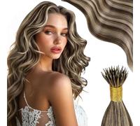 Moresoo Extensiones Nano Ring Pelo Natural Liso Extensiones Nano Queratina Rubio Castaño Oscuro con Rubio Caramelo Extensiones Pelo Humano Natural Remy 55 cm 50S 50G #P4/27