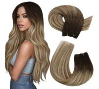 Moresoo Extensiones Pelo Natural Cortina Cabello Natural Castaño Medio a Rubio Blanquecino Extensiones de Cortina Pelo Humano Weft Hair Extensions Human Hair 1 Pieza 35cm 100G