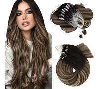 Moresoo Extensiones Pelo Natural Keratina Balayage 20Piezas Extensiones Micro Ring Cabello Natural Ombre Negro a Castaño con Rubio Caramelo en Toda la Cabeza 50cm 50g #1B/3/27