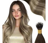 Moresoo Extensiones Pelo Natural Nano Ring 40 cm Extensiones Nano Ring Balayage Castaño Oscuro a Castaño Medio con Rubio Extensiones de Pelo Liso 50S 50G #4/6/613