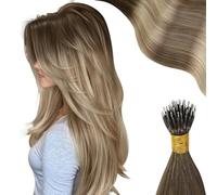 Moresoo Extensiones Pelo Natural Nano Ring 40cm Extensiones Nano Ring Balayage Castaño a Castaño Claro con Rubio Dorado Nano Beads Hair Extensions Real Human Hair 40cm 50S #3/8/22