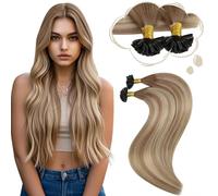 Moresoo Extensiones Pelo Natural Queratina Castaño Claro con Rubio Extensiones Keratina Pelo Natural Liso Extensiones de Queratina Balayage Cabello Humano 60 cm 50g 50S #8/22/8