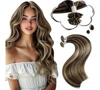 Moresoo Extensiones Queratina Pelo Natural 40cm 50S 50G Extensiones de Cabello Natural Queratina Remy Extensiones Pelo Natural Queratina Castaño con Mechas Rubias Claras #P4/27