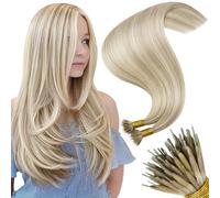 Moresoo Nano Extensiones Pelo Natural Liso Rubio con Rubio Ceniza 45cm 50S 50G Extensiones Nano Ring Pelo Natural Invisible Nano Ring Extensiones de Pelo Natural con Rubias #P18/613