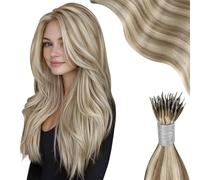 Moresoo Nano Ring Extensiones Pelo Natural Reflejos Marrón Dorado con Rubio Platino Extensiones Nano Ring Pelo Natural Liso Cabello Humano Nano Ring Hair Extensions 40cm 50S 50g #9A/60