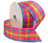 Morex Ribbon 7380 - Cinta a Cuadros de Color Chic, 2.5 Pulgadas x 50 Yardas, Rosa impactante/Turquesa