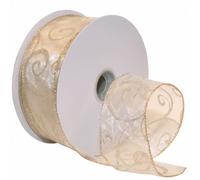 Morex Ribbon 7416.60/50-004 Swirl - Cinta de nailon transparente con purpurina rizada de 2.5 pulgadas x 50 yardas, marfil/dorado, cintas navideñas para manualidades y decoraciones de Navidad, cinta de