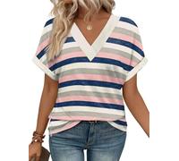 MorFansi Camiseta Mujer Manga Corta Cuello en V Blusas T-Shirt Elegante Casual Verano Suelto Básica Tipo Túnica Top (Rayas Rosa,XL)