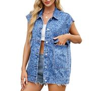 MorFansi Chaleco vaquero para mujer, sin mangas, informal, holgado, elegante, chaqueta vaquera, abrigo con bolsillos y botones, A Azul Leopardo, XS