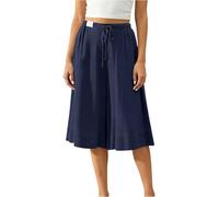 MorFansi Pantalones de lino 3/4 para mujer, pierna ancha, pantalones capri, pantalones de verano Palazzo, elegantes, informales, ligeros, con bolsillos, azul marino, M