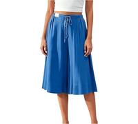 MorFansi Pantalones de lino 3/4 para mujer, pierna ancha, pantalones capri, pantalones de verano Palazzo, elegantes, informales, ligeros, con bolsillos, azul, S