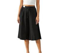 MorFansi Pantalones de lino 3/4 para mujer, pierna ancha, pantalones capri, pantalones de verano Palazzo, elegantes, informales, ligeros, con bolsillos, Negro , L